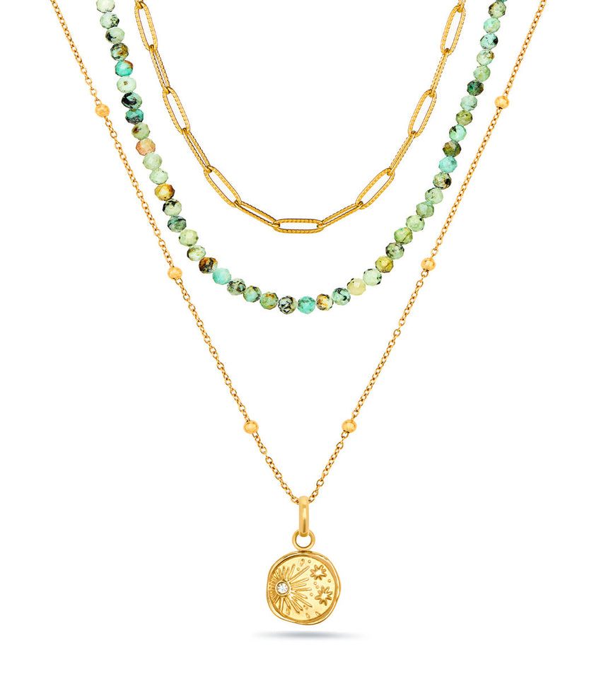 Mini Coin & Beaded Layered Necklace Set (Gold)