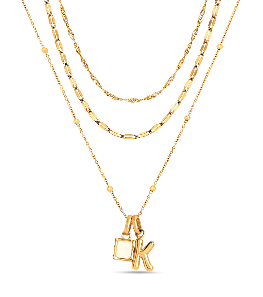 Mini Molten Initial & Moonstone Charm Layered Necklace Set (Gold)