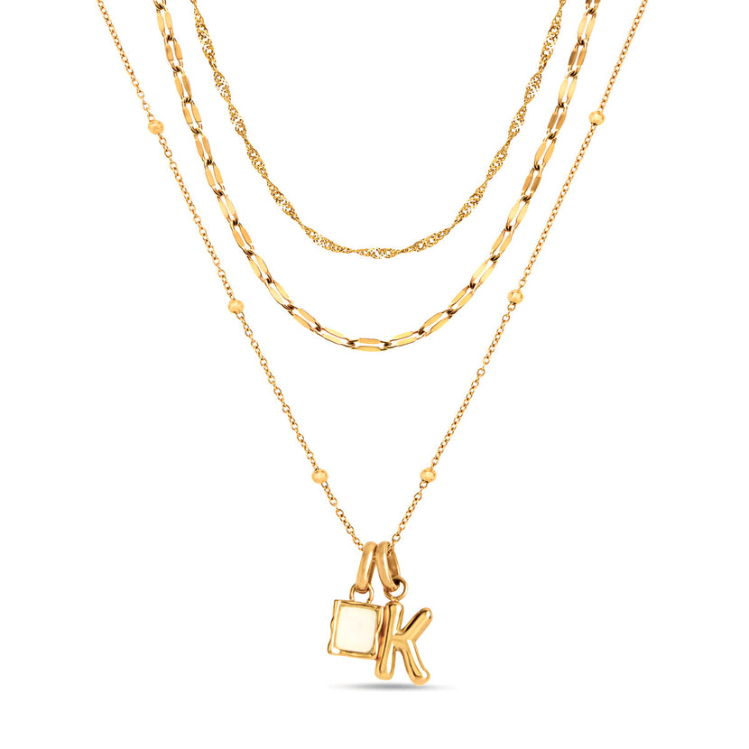 Mini Molten Initial & Moonstone Charm Layered Necklace Set (Gold)