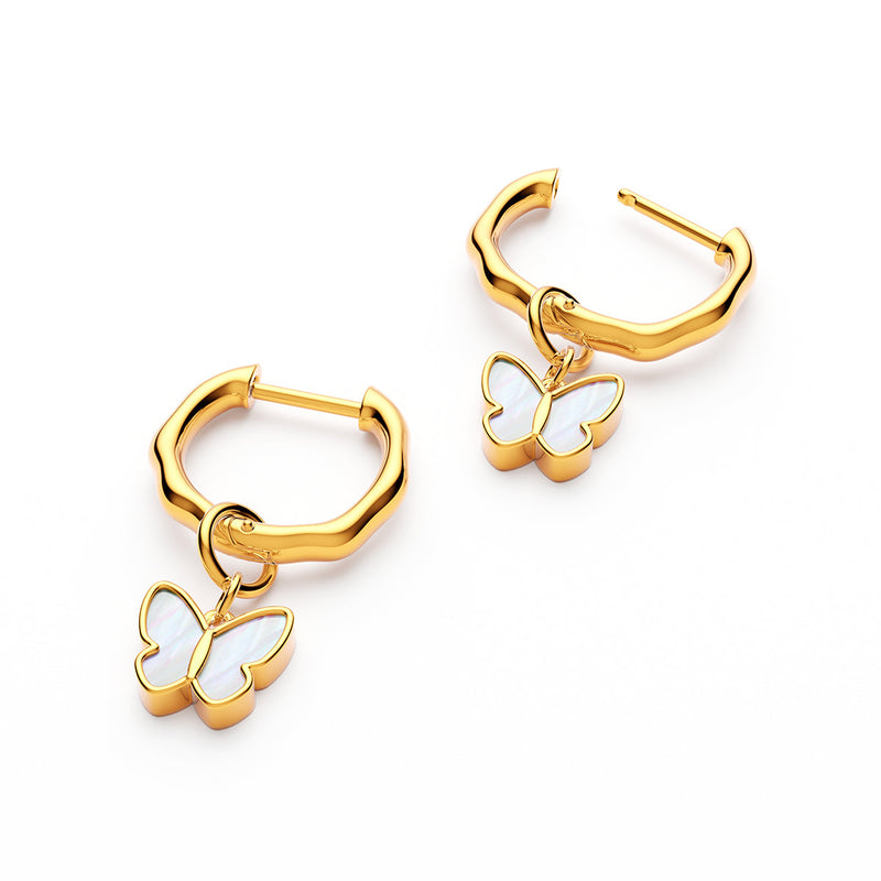 Fine Molten Mother of Pearl Butterfly Huggie Earrings (Gold)