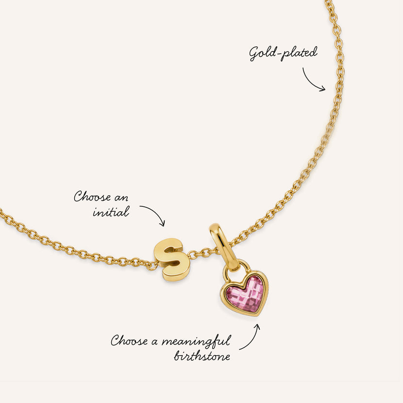 Made Mine Mini Initial & Heart Birthstone Bracelet (Gold)