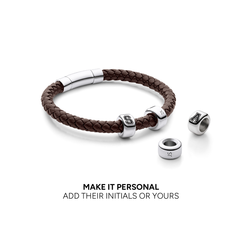 Men's Brown Bonded Leather Engravable Bracelet (Silver)
