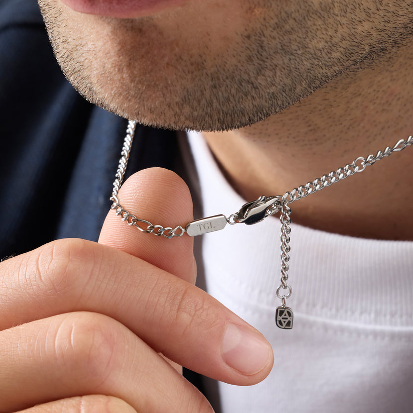 Men's Intersection Figaro Chain Engravable Necklace (Silver)