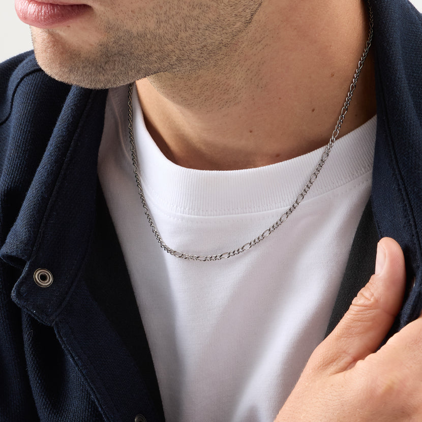 Men's Intersection Figaro Chain Engravable Necklace (Silver)