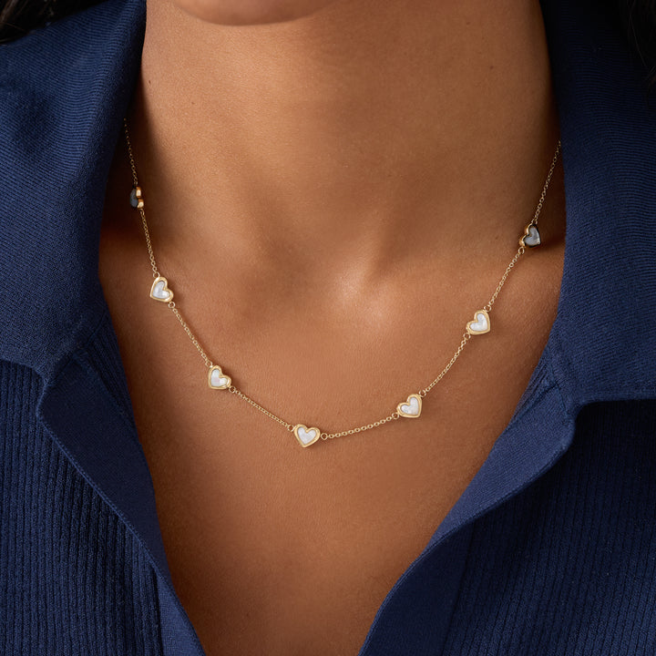 Multi Mother of Pearl Mini Hearts Necklace (Gold)
