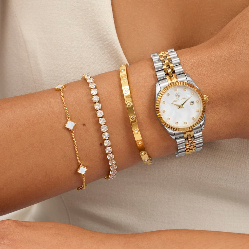 Belgravia Pearl Watch 30 & Crystal Bracelet Set (Gold)