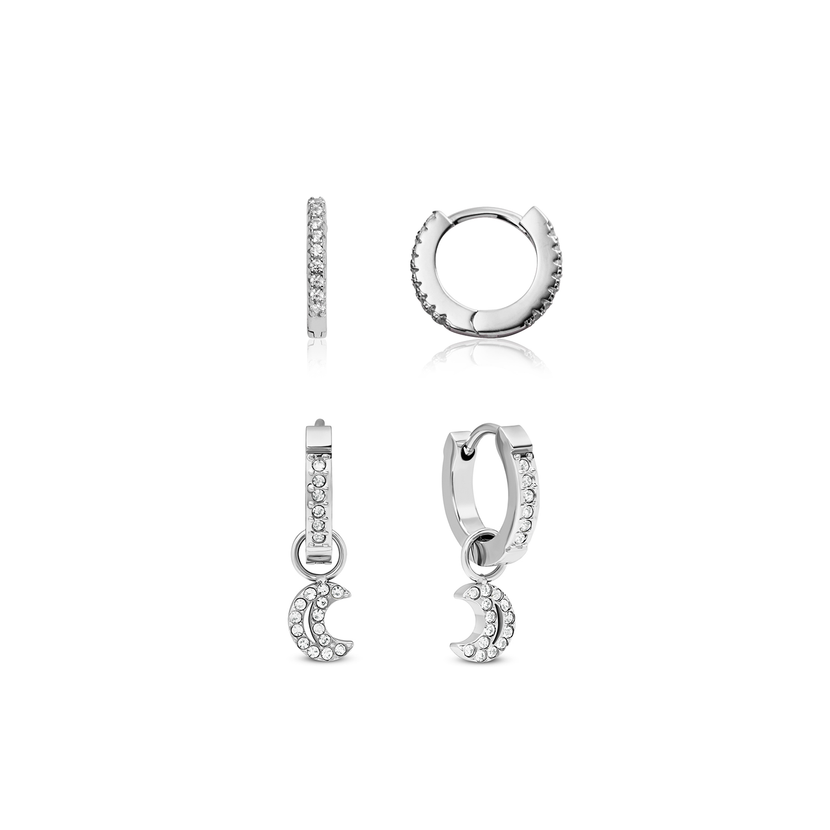 Moon and Back Moon Huggie Earring Set (Silver)