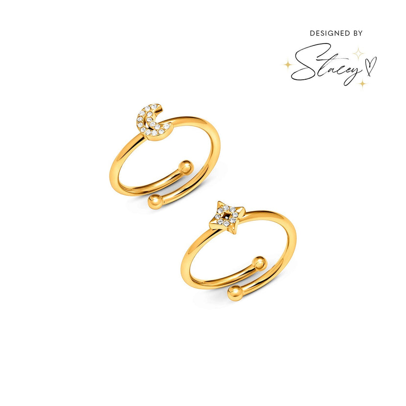 Moon and Back Moon and Star Ring Set (Gold)