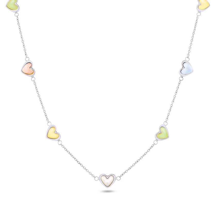 Multi Pastel Mini Hearts Necklace (Silver)