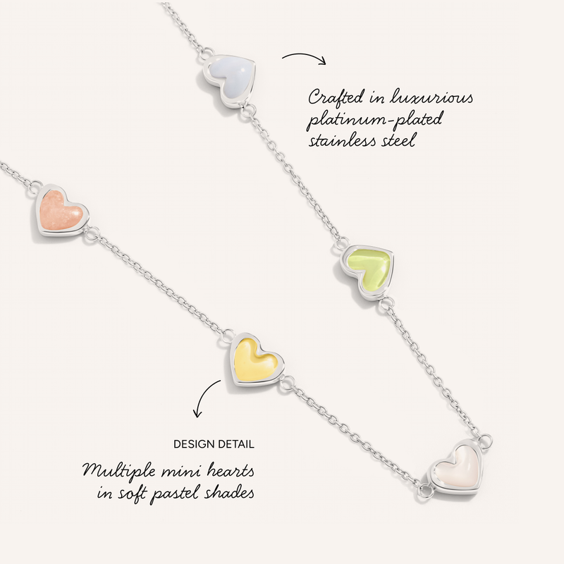 Multi Pastel Mini Hearts Necklace & Bracelet Set (Silver)