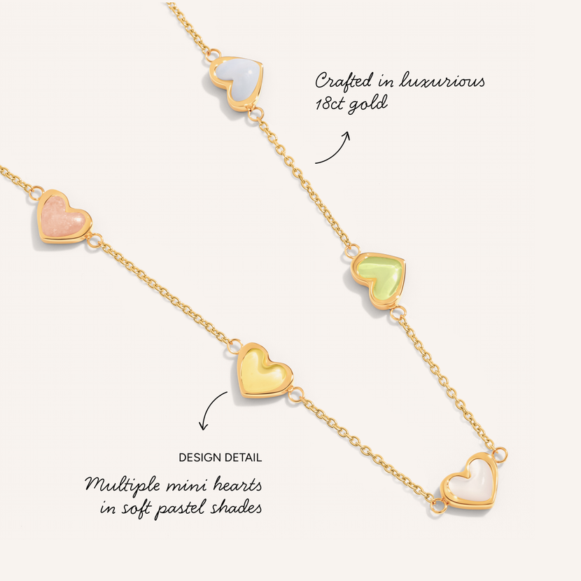 Multi Pastel Mini Hearts Necklace & Bracelet Set (Gold)