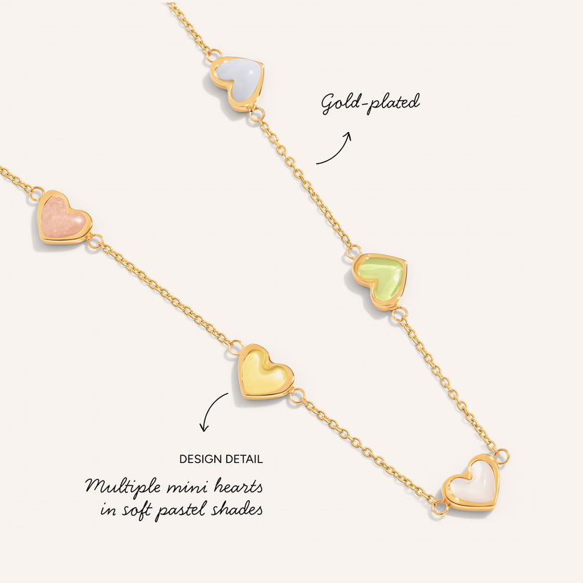 Multi Pastel Mini Hearts Necklace (Gold)