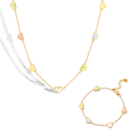 Multi Pastel Mini Hearts Necklace & Bracelet Set (Gold)