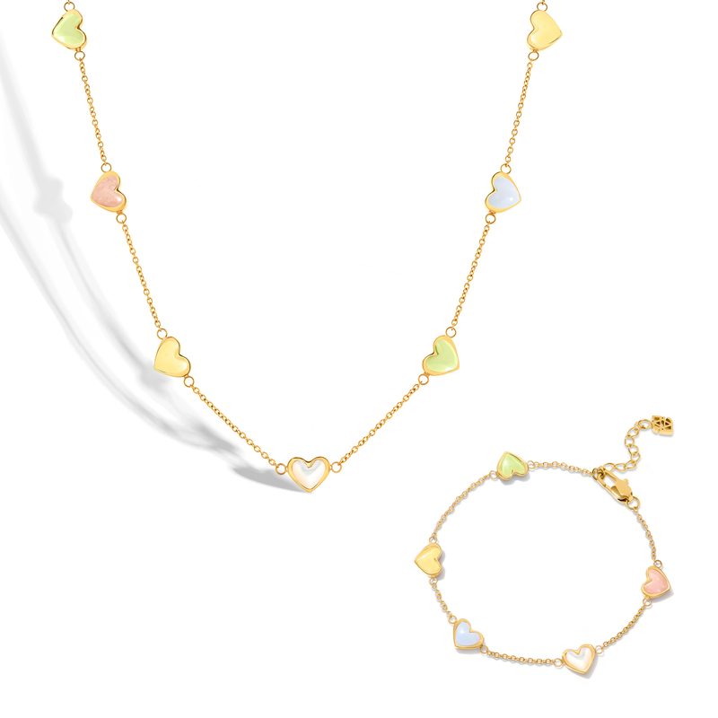 Multi Pastel Mini Hearts Necklace & Bracelet Set (Gold)