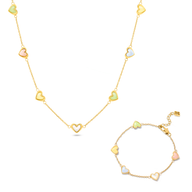 Multi Pastel Mini Hearts Necklace & Bracelet Set (Gold)