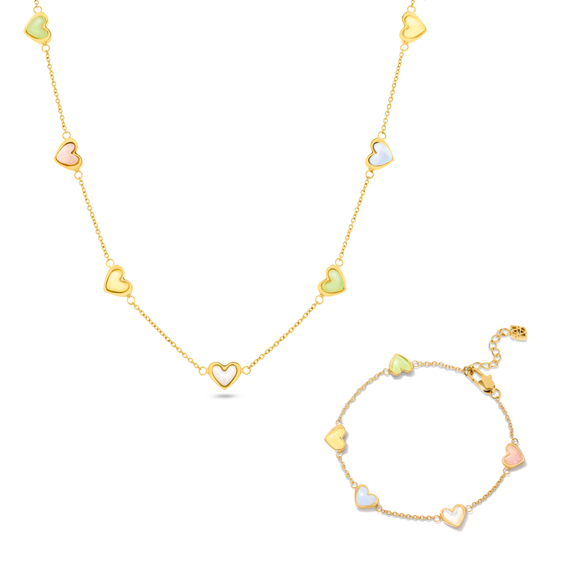 Multi Pastel Mini Hearts Necklace & Bracelet Set (Gold)