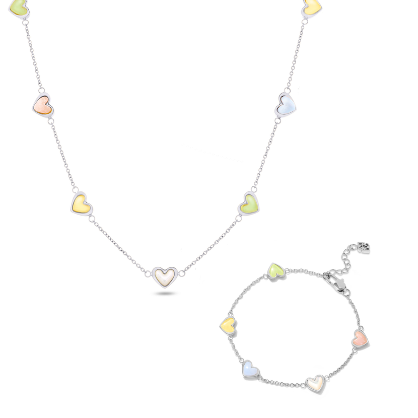 Multi Pastel Mini Hearts Necklace & Bracelet Set (Silver)