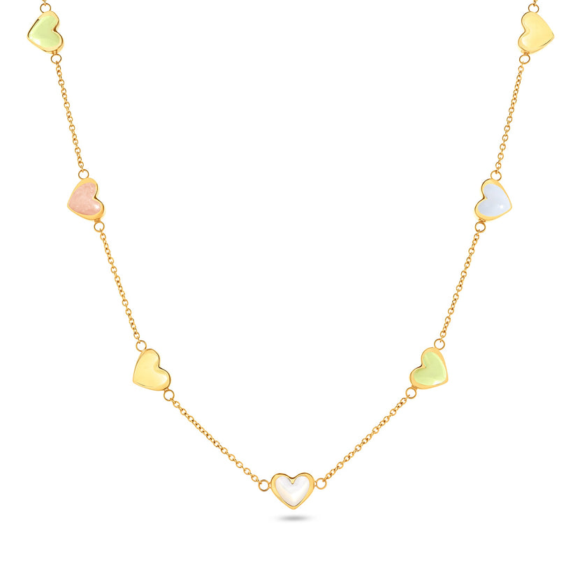 Multi Pastel Mini Hearts Necklace (Gold)