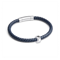 Men's Navy Bonded Leather Engravable Bracelet (Silver)