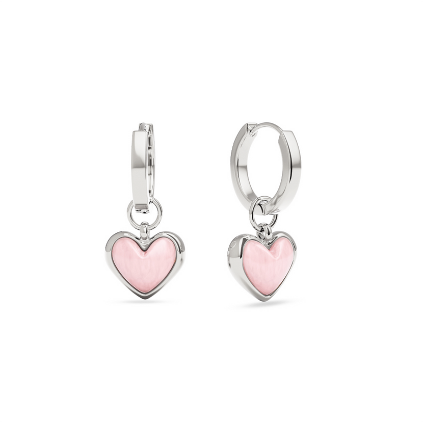 Pale Pink Opal Heart Huggie Earrings (Silver)