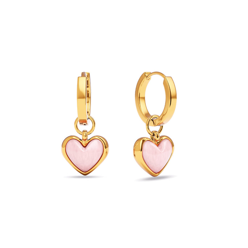 Pale Pink Opal Heart Huggie Earrings (Gold)