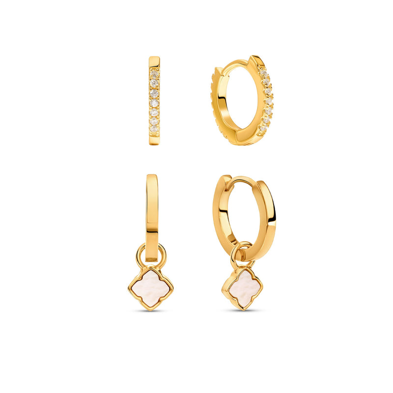 Fine Mini Pearl Clover & Crystal Huggie Earring Set (Gold)