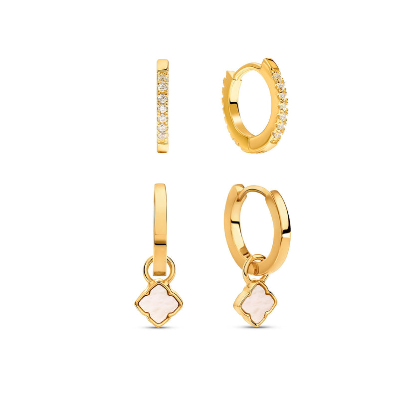 Fine Mini Pearl Clover & Crystal Huggie Earring Set (Gold)