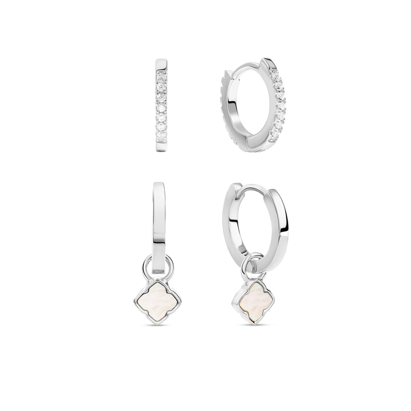 Fine Mini Pearl Clover & Crystal Huggie Earring Set (Silver)