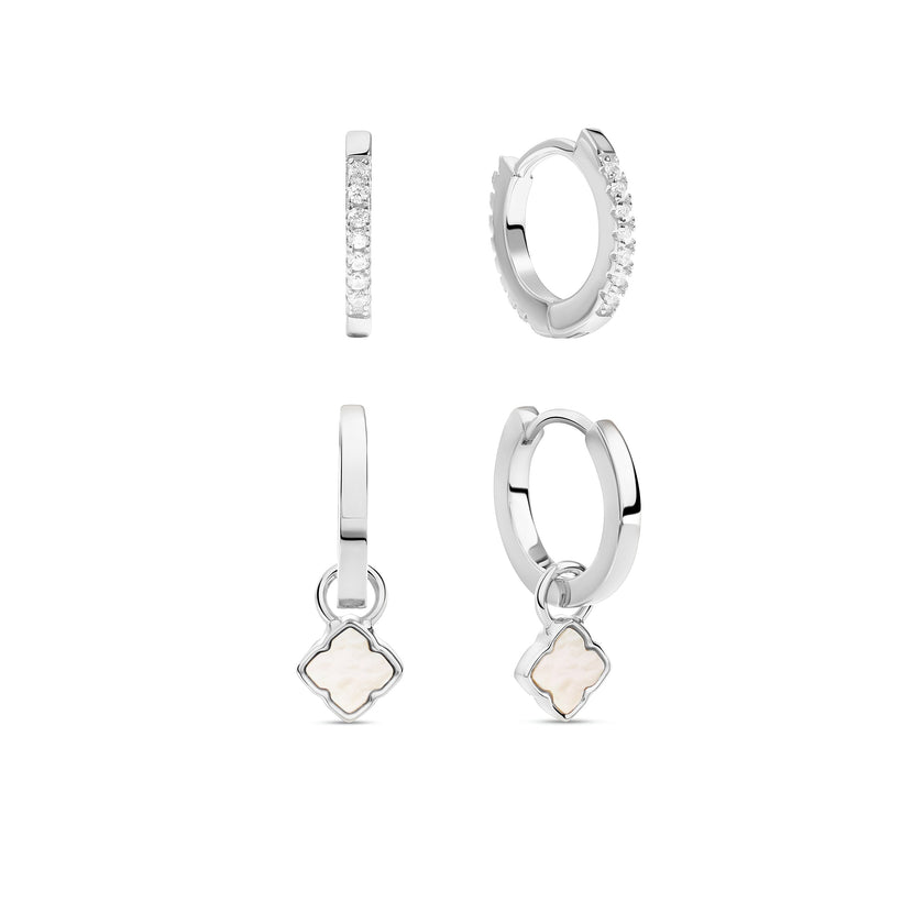 Fine Mini Pearl Clover & Crystal Huggie Earring Set (Silver)