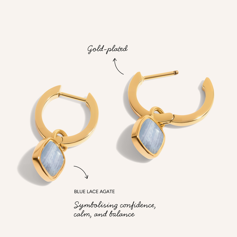 Blue Lace Agate Cushion Necklace & Earrings Set (Gold)