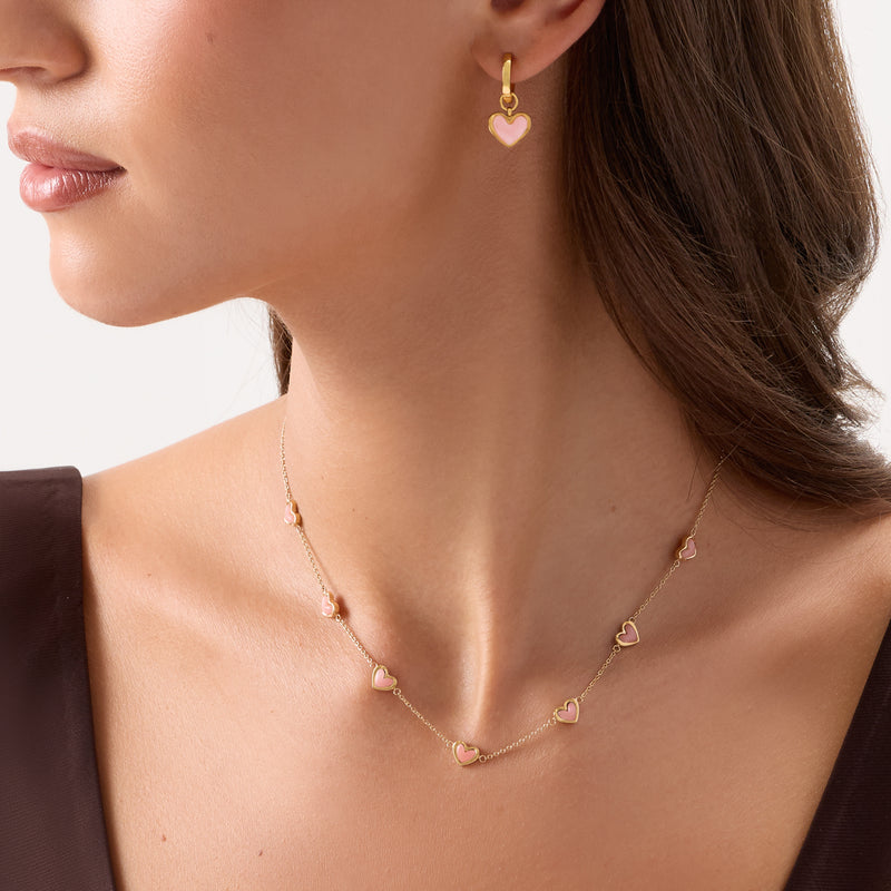 Multi Pale Pink Opal Mini Hearts Necklace (Gold)