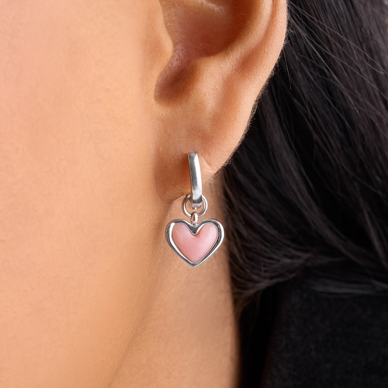 Pale Pink Opal Heart Huggie Earrings (Silver)