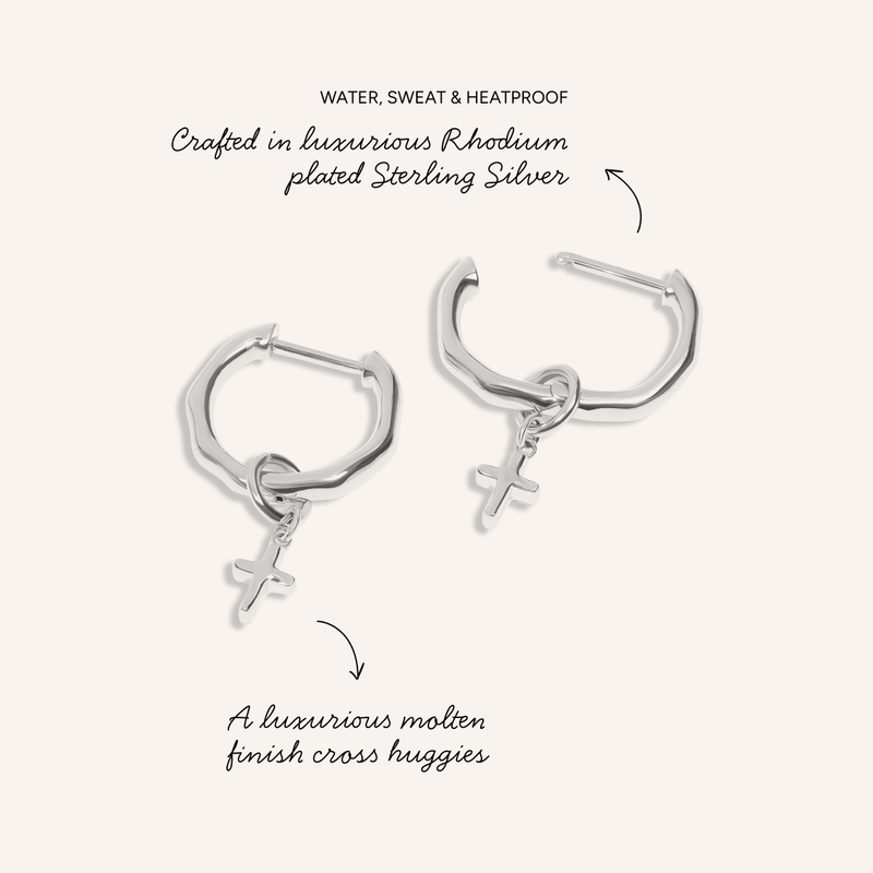 Fine Molten Cross Huggie Earrings (Silver)