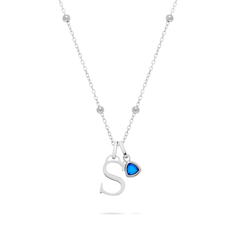 Personalised Initial & Droplet Birthstone Necklace (Silver)