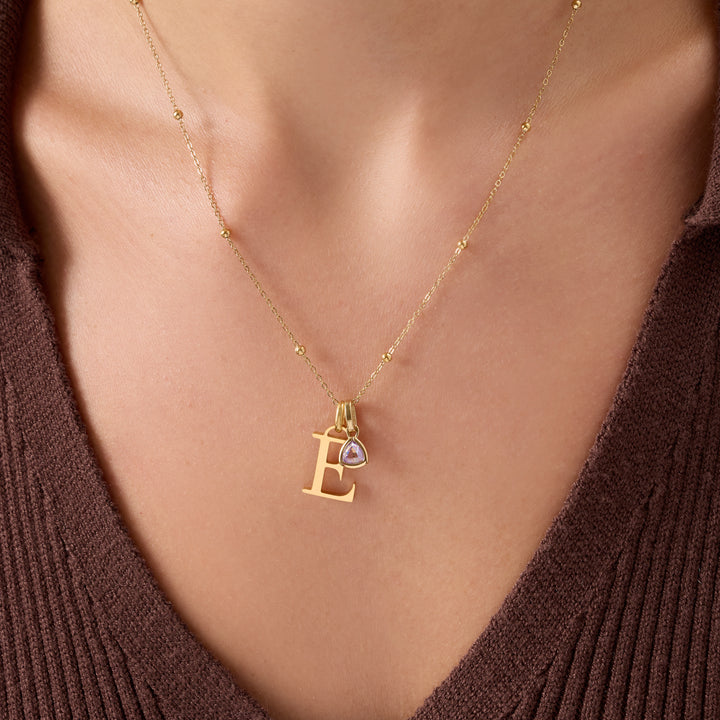Personalised Initial & Droplet Birthstone Necklace (Gold)