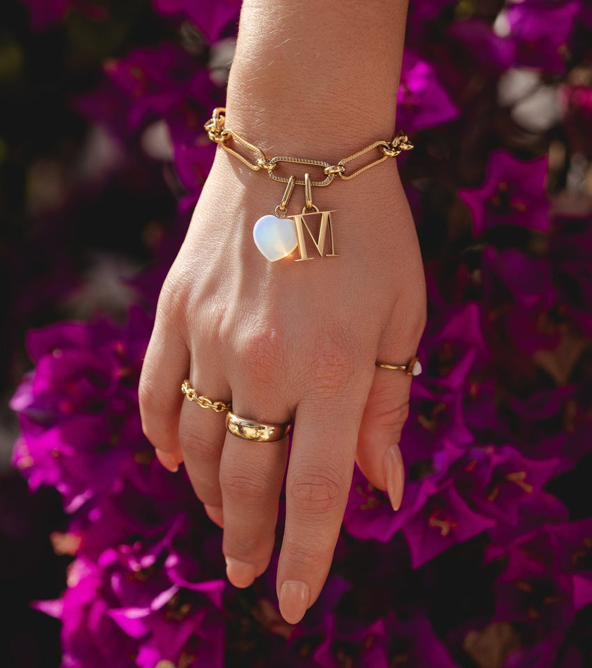Letter & Birthstone Figaro Chain Bracelet (Gold)