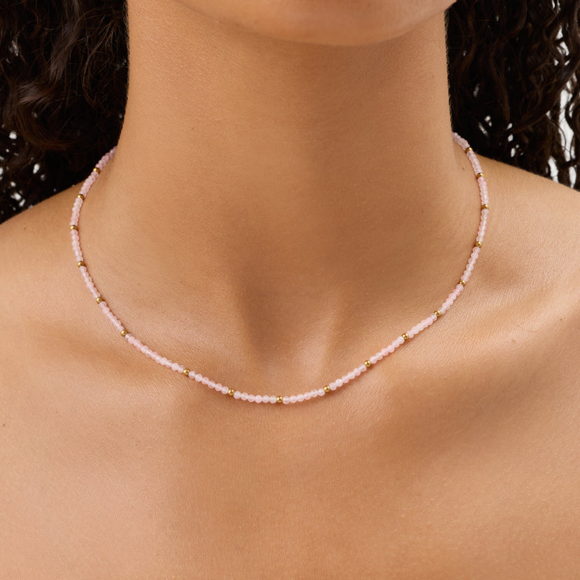 Pink Quartz Mini Beaded Necklace (Gold)