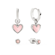 Pale Pink Opal Heart Huggie Earrings & Stud Set (Silver)