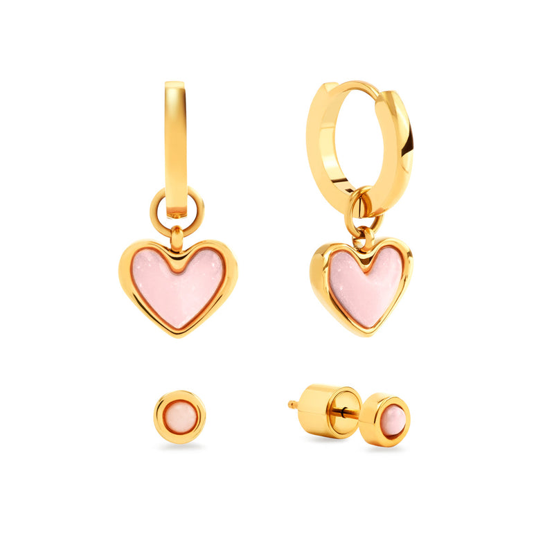 Pale Pink Opal Heart Huggie Earrings Set (Gold)