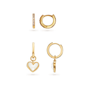 White Quartz Heart Huggie Earrings Set (Gold)