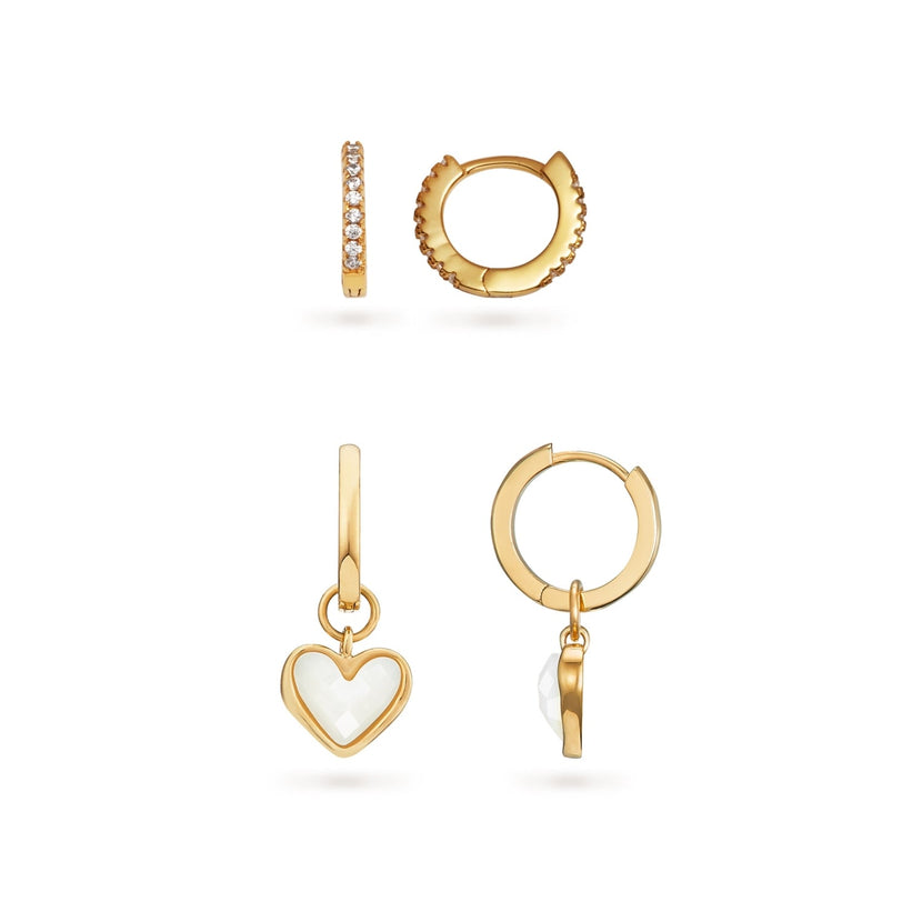 White Quartz Heart Huggie Earrings Set (Gold)