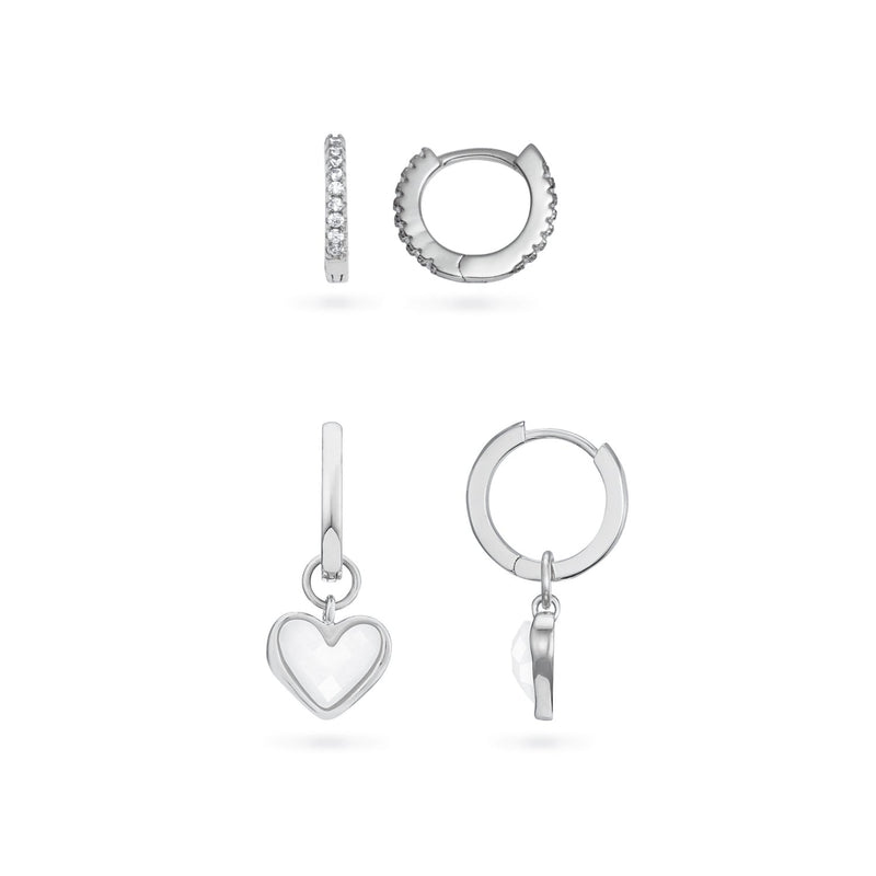 White Quartz Heart Huggie Earrings Set (Silver) - Main Image