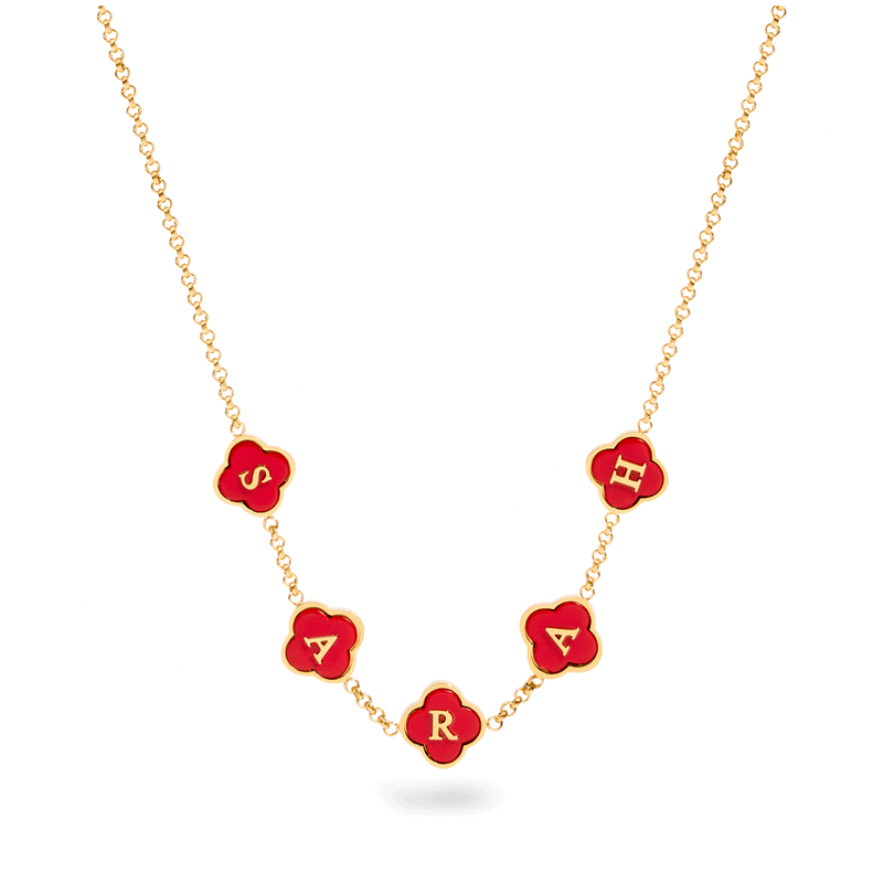 Red Custom Clover Name Necklace (Gold)