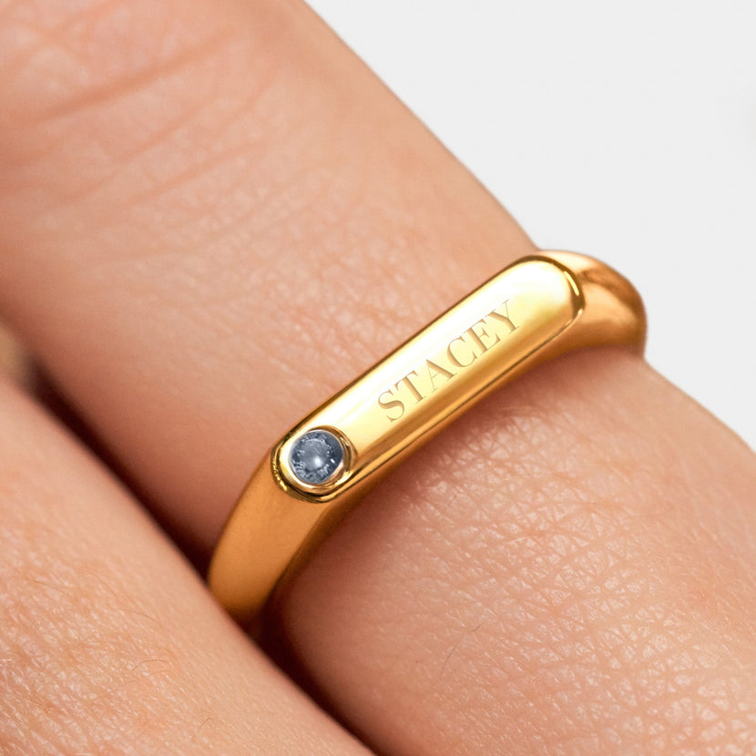 Birthstone Signet Custom Name Ring (Gold)