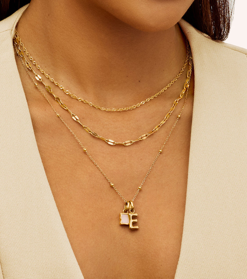 Mini Molten Initial & Moonstone Charm Layered Necklace Set (Gold)