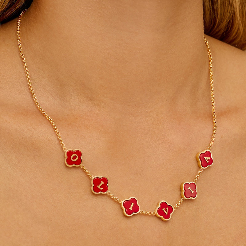 Red Custom Clover Name Necklace (Gold)