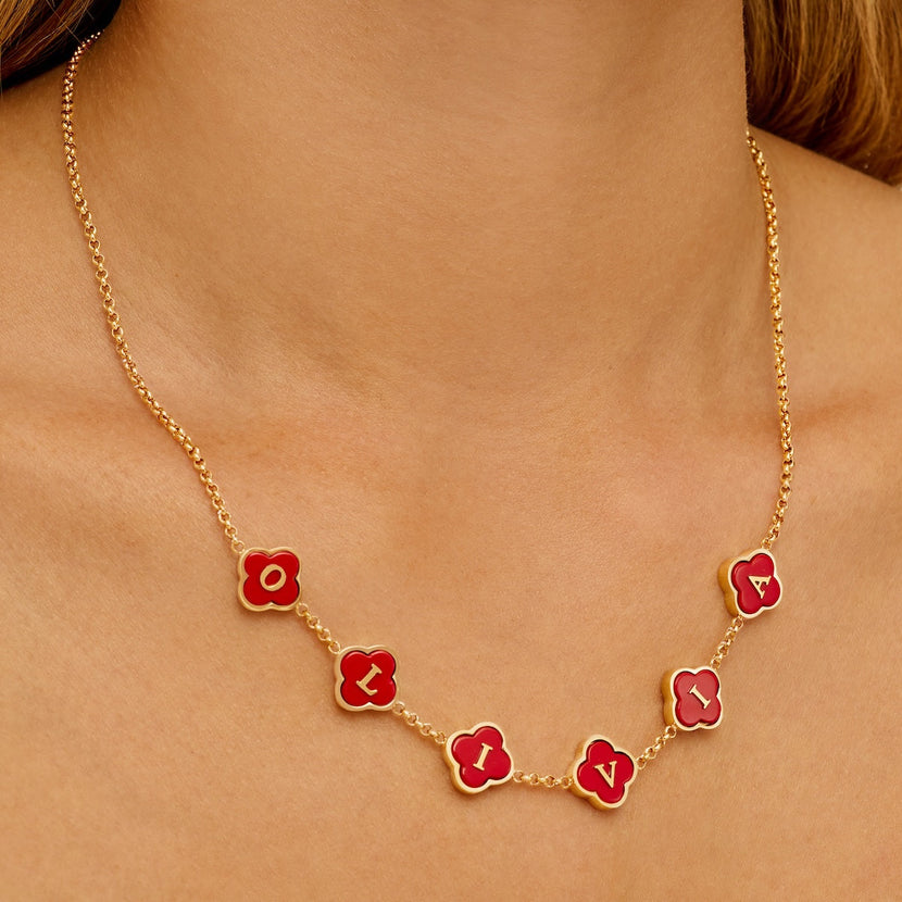 Red Custom Clover Name Necklace (Gold)