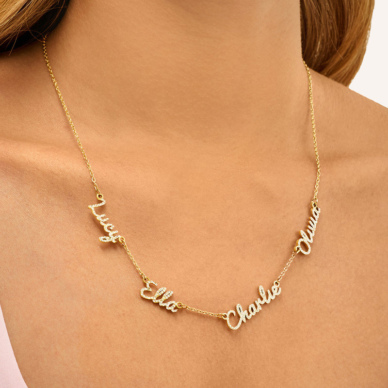 Multi Crystal Cursive Name Necklace (Gold)