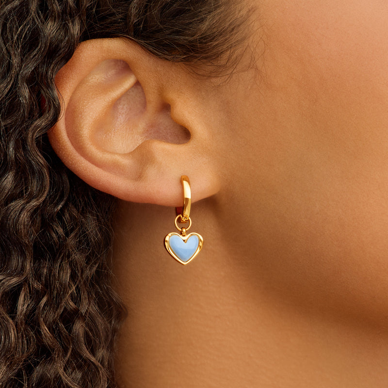 Light Blue Lace Agate Heart Huggie Earrings (Gold)