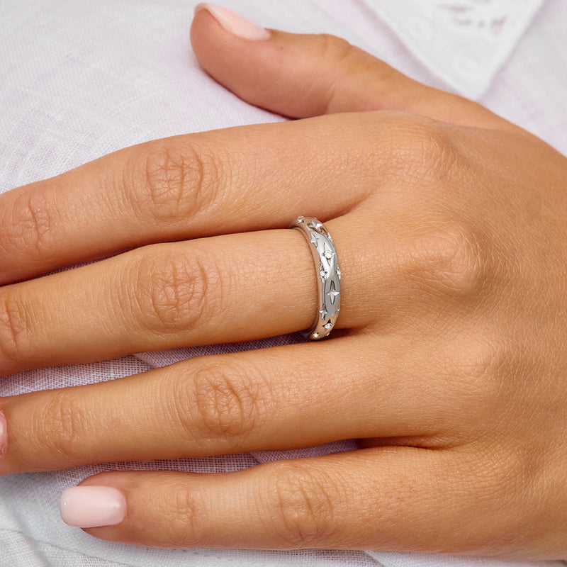 Moon and Back Hoop Earrings & Ring Set (Silver)